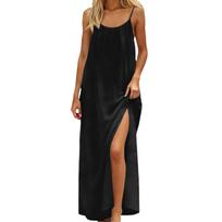 Women's Color Casual Camisole Pleated Dress Long Skirt L juoda