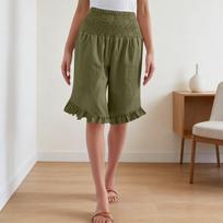 Women's Color High Waisted Pleated Cotton Linen Loose Casual Shorts L armijos žalia spalva