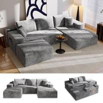 Kampinė sofa-lova, 4 vietų, U formos, 274I x 175G x 64A cm, su miegojimo funkcija, modulinė sofa su 5 pagalvėmis, svetainei, pilka