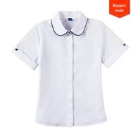 Girls' White Cotton School Uniform Shirt with Black Trim and Lapel - Short-Sleeved, Round Neck 130 cm white