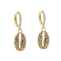 Promotion  Summer Fine Jewelry Gold Plated Micro Pave Rainbow Cubic Zirconia Sea Shell Dangle Charm Hoop Earring