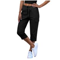 Women Elastic High Waist 3/4 Pant Casual Fit Wide Capris Leg Pants Trousers With Pockets L juoda