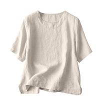 Women's Loose Fit Vintage Short Sleeve Crewneck Pullover Top L šviesiai pilka spalva