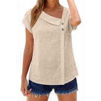 Womens Cotton Linen Tops Asymmetric Neck Short Sleeve Shirts With Buttons L smėlis
