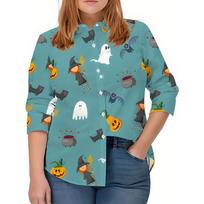 Women's Long Sleeve Shirt, Fun Halloween Print Shirt, Witch and Style, Mid-Length Women's Shirt Comfortable S