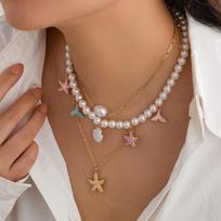 3Pcs/Set Multilayer Beaded Starfish Choker Bohemian Seashell Choker Shell Pendant Necklaces  Gifts Style C