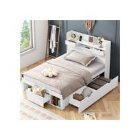 Lit simple MUVOE 90x200 cm avec port USB, tiroirs et rangement blanc balta