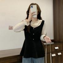 French Fungus Fake Two-piece Patchwork Shirt for Women 2025 Autumn New Style Versatile and Elegant Pullover Top L juoda