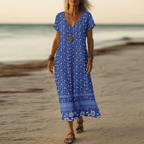 Vasaros suknelė Moteriška ilga Boho paplūdimio suknelė Elegantiška Maxi suknelė V formos iškirpte Trumpomis rankovėmis Vasarinė tunikos suknelė Lengva, orui laidi XL mėlyna