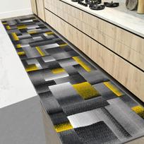 Kilimas žalias, juodas, pilkas, abstraktus geometrinis modernus kvadratų raštas - Šiuolaikinis stilius svetainei, miegamajam 40x120cm gray