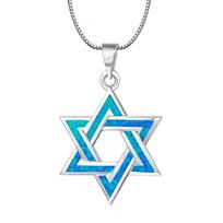 Mėlynas ugnies opalas Dovydo žvaigždės pakabukas ant kaklo, baltu K padengtas žydiškas papuošalas, unisex Judaica dovana, gydantis kristalinis chokeris dovana mėlyna