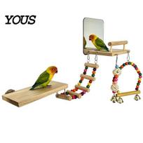 Parrot Climbing Ladder 1 Set Bird Cage Toys, Wooden Perch Platform with Mirror, Ladder, Colorful Activity Center Toy Bead Swing Bells, Enrichment