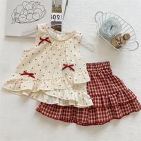 Girls Summer Off White Red Polka Dot Bow Sleeveless Top And Red White Plaid Tiered Skirt Two Piece Set 90cm
