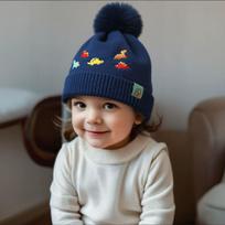 Kids Warm Knit Hat with Pom Pom Soft Stretchy Beanie for Toddlers Boys Girls Comfortable Winter Headwear with Dinosaur Pattern One Size tamsiai mėlyna