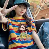Dopamine Blue Striped Patchwork Girls' Short Sleeve Cotton T-shirt 100cm [In Stock] brown