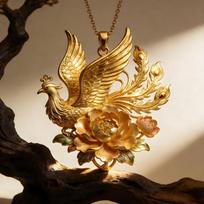 Rankų darbo Fenixo ir Peonijos pakabukas ant kaklo Cinko lydinio Kinų stiliaus Elegantiškas pareiškimo papuošalas Moterims Vyrams Phoenix Peony Pendant Necklace - 014 beige