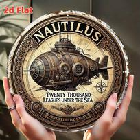 D Flat Nautilus Twenty Thousand Leagues Under The Sea Round Tin Sign  Vintage Steampunk Submarine Art Metal Wall Decor for N 20x20cm(8x8inch)