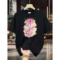 European sizes Samurai Katana Men's Cotton TShirt Cherry Blossom Sunrise Sword Art Print Pattern Pure Cotton Premium Print Durable Casual Fashion S juoda