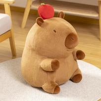 Brown Sitting Capybara Stuffed Aquatic Animal with Red Apple on The Head Fatty Plush Toy Kids Present ruda