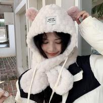 Thickened Bear Ears Beanies Hat Plush Balaclava Hat Elegant Hooded Scarf Pullover Hat  Riding balta