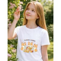 European sizes Girls' Picnic Corgi Print Short Sleeve T-Shirt, Kids' Round Neck Summer Casual Top, Soft Breathable Comfortable 110 balta