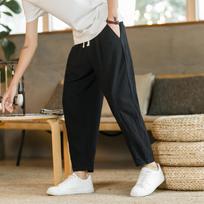 Vyriškos kelnės Medvilnės Lino Madingos Laisvalaikio Vienspalvės Kvėpuojančios Laisvos Tiesios Su Raišteliu Streetwear Vyrams M juoda
