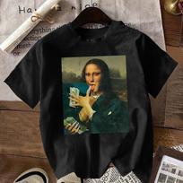 Men and Women Black Humorous Mona Lisa Money Bills Graphic T-Shirt Casual Short Sleeve S