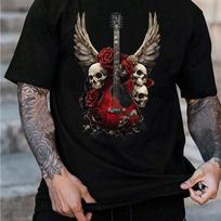 Men Gothic Rock Graphic T-Shirt - Skull Guitar Print with Red Roses Winged Design Cotton Round Neck Tee for Concerts S