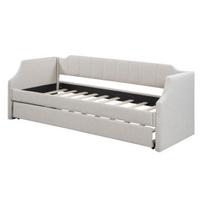 Sofa Bed 90x200cm Folding Cotton Linen Fabric Day with Pull-out Children Headboard Strong Wood Slat Support Home Furniture Beige Single smėlis