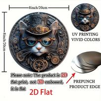 x Round Steampunk Cat Aluminum Art  pc D Flat Vintage Gears Hat Design Kitchen Apartment Decor Mechanical Style 20x20cm(8x8inch)