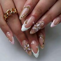 Cross Gold Foil 24-Piece Almond Shaped 3D Flower Nail Art Set - High-End Wearable Nail Tips