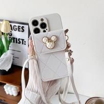 Cartoon Diamond Leather Wallet Holder Case for IPhone 14 13 11 15 Pro Max Plus 12 Mini XS XR X 14Pro 15Pro with Lanyard Cover for iphone12 Mini(5.4") balta