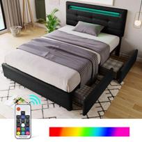 Cadre de lit - MUVOE - 90x200 cm - Noir - Éclairage LED - 2 tiroirs juoda