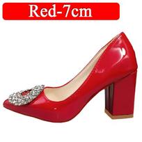 Aphixta Bing Big Crystals Round Buckle 7cm Chunky Heels Pumps Women Shoes Dark Green and Leisure Pointed Toe Pumps 35 raudona