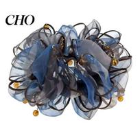 Elastic Hair Accessory Tie Beads Decor Double Layer Mesh Women Organizer Rope Bun Half-Tied Hairstyles Ponytail Holder mėlyna
