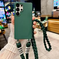 For Samsung Galaxy S25 S26 Ultra Silicone Soft Phone Case S24 S23 FE S22 Plus A57 A37 A17 A07 A56 A36 A16 Crossbody Strap Cover Galaxy S22 5G tamsiai žalia spalva