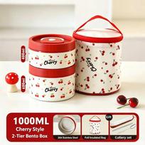 Cherry Print Stainless Steel Bento Lunch Box Set with Insulated Bag Tableware for Office Lunch A1