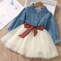 Baby Girls Long Sleeve Tutu Mesh Dresses Spring Toddler Polka Dot Bow Party Princess Young Children Clothes Simple Kid's Costume 90