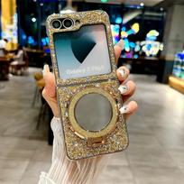 Elektrolitiniu būdu padengtas veidrodinis laikiklis telefono dėklas Samsung Galaxy Z Flip 6 5 4 3 Flip3 Flip4 Flip5 Flip6 5G odinis apsauginis dangtelis For Galaxy Z Flip6 auksinė