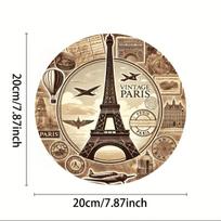 pc Vintage Paris Eiffel Tower Round Metal Tin Sign  Retro Wall Art Decorative Plaque with Iconic Paris Landmarks 20x20cm(8x8inch)