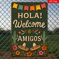 Mexican Wall Art Hola Amigos Sign Cactus Sombrero Metal Decor Vintage Home Cafe Easy to Hang 20x30cm（7.8x11.8inch）
