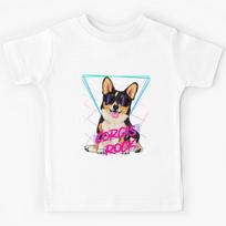 Corgis rock - Tri-color corgi with sunglasses and 80s background Kids T-Shirt 120