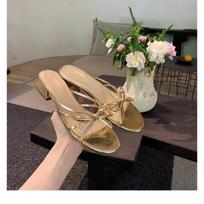 2024 2024 Women Bow Knot Slippers Summer Flat Leisure Low heel Beach Sandals Slides Thick Heeled Roman Sandals Sandalias Femininas 35 auksas