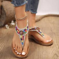 Fashion Luxury Women's Bohemia Sandals 2024 Summer Clip Toe Mix Color Flat Heels Sandals Women Bling Crystal Non-Slip Rome Shoes Ladies 36 smėlis