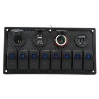 Car Boat Rocker Switch Panel Blue LED Light with Dual USB Voltmeter Cigarette Lighter 12‑24V for Yachts Ships Caravans