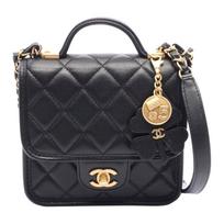 Chanel 25B Mini CC Logo Four-Leaf Clover Pendant Vintage Gold Chain Grain Leather Silver-Tone Hardware Women's Shoulder Crossbody Handbag Black Basic+Dust Bag juoda