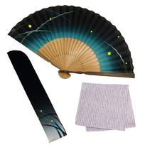 Stylish Business Fan Set with Fan Case and Firefly Grass Green [Osaka Choseido] Men's Fan, Handkerchief, žalia