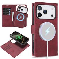 2 in 1 MagSafe Magnetic Leather Phone Case for IPhone 17 Air 16 Pro Max 15 Plus 14 13 12 16E Card Slots Wallet Protective Cover iPhone 14 Pro raudona