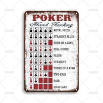 Vintažinis žaidimų plakatas Metalo skardos ženklas Pokerio kombinacijų reitingavimo lentelė Metaliniai ženklai klubui Žaidėjo kambariui Meno dekoro plokštelė Priedai 20x30cm（7.8x11.8inch）