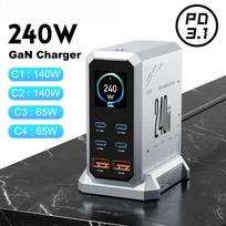 240W Digital GaN Charger PD3.1 140W USB Type C 6 Ports Desktop Fast Charging Station for IPhone Samsung Xiaomi MacBook Laptops EU Plug pilka